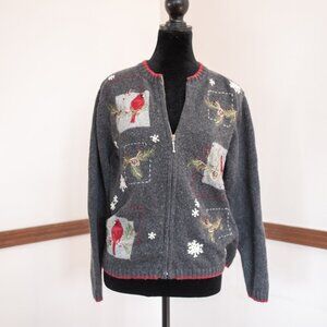 Vtg Croft & Barrow Wool Blend Embroidered Cardinal Zip Cardigan P L Grandmacore